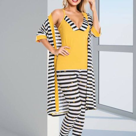 ENSEMBLE PYJAMA COTON 4PIECES JAUNE RAYURES – Image 4
