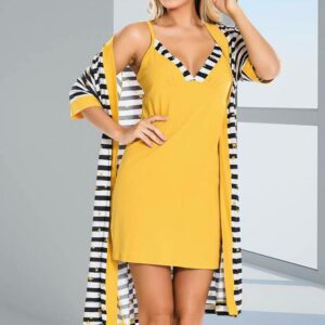 ENSEMBLE PYJAMA COTON 4PIECES JAUNE RAYURES