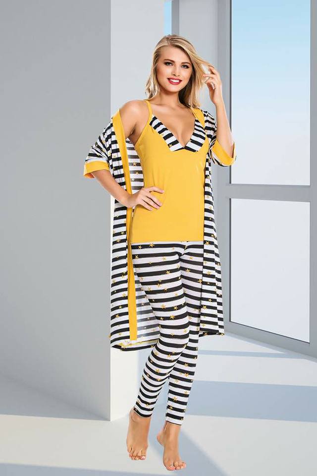 ENSEMBLE PYJAMA COTON 4PIECES JAUNE RAYURES – Image 4