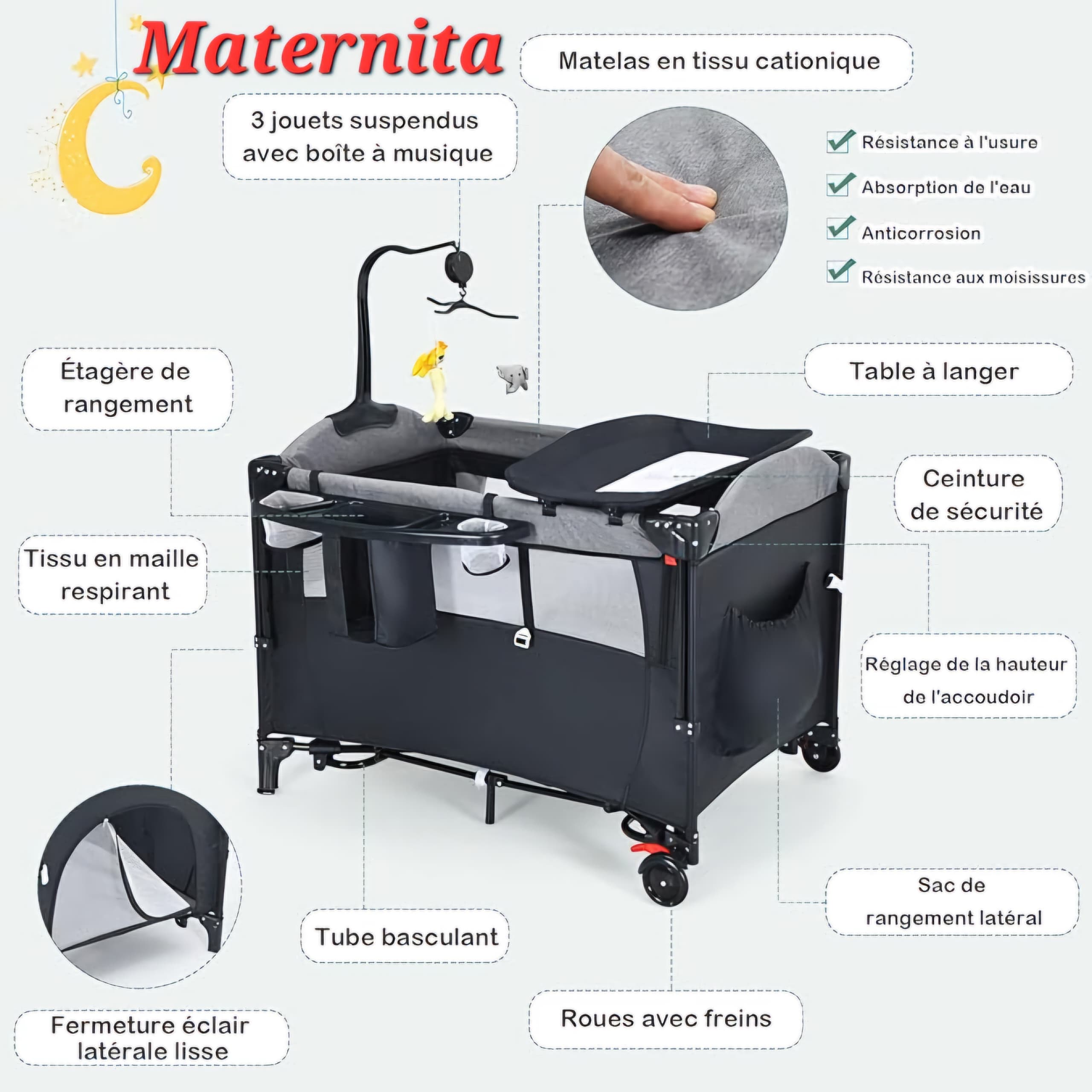 LIT PARAPLUIE PLIABLE ET PORTABLE AVEC TABLE A LANGER – Image 2