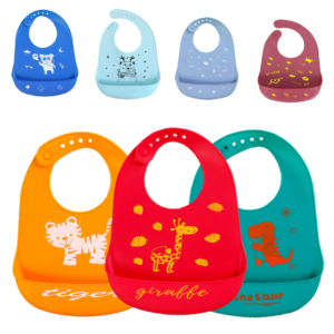 Bavoir Bébé en Silicone avec Poche Récupératrice – Motifs Animaux