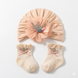 Ensemble Bébé Bonnet Turban & Chaussettes Élégance – Maternita Dakar
