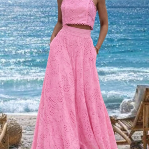 Ensemble 2 pièces femme en broderie anglaise – Rose | Taille XL disponible à Dakar