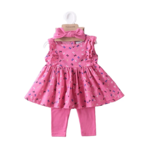 Ensemble Bébé Fille 3 Pièces Rose Imprimé – Robe, Legging et Bandeau | Bambinerie Maternita Dakar