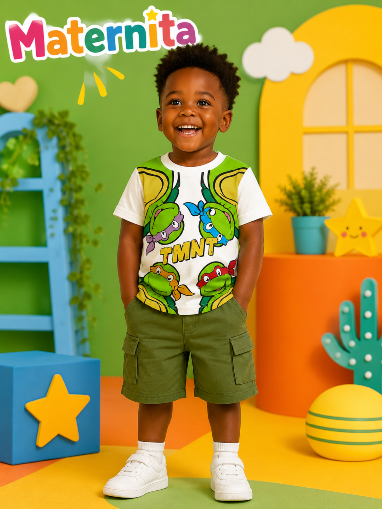 Ensemble TMNT Garçon – 2 Piéces T-shirt & Short Cargo en Coton | Bambinerie Maternita Dakar