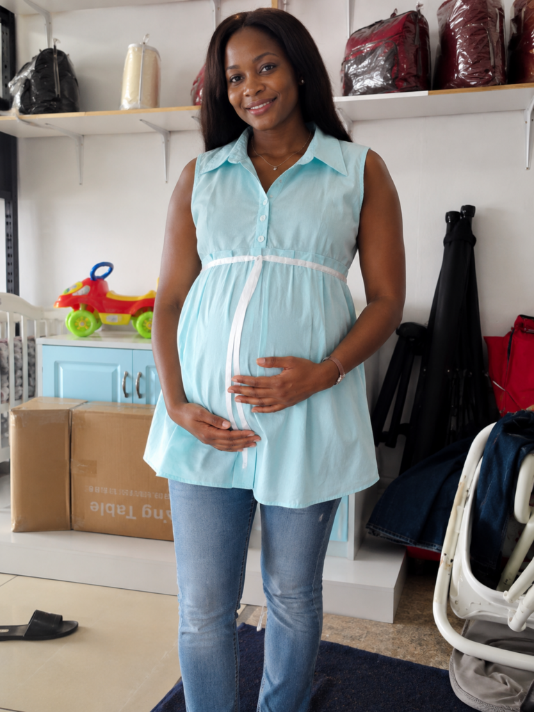 Tunique de Grossesse Sans Manches Bleu Ciel avec Col Chemise et Ruban Ajustable Maternita