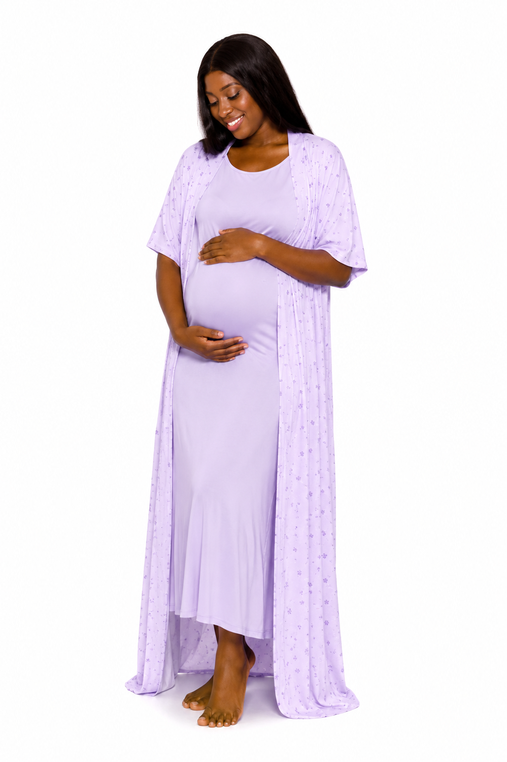 Ensemble de Nuit Pyjama de Grossesse et Allaitement 2 Pieces avec Kimono Long Maternita