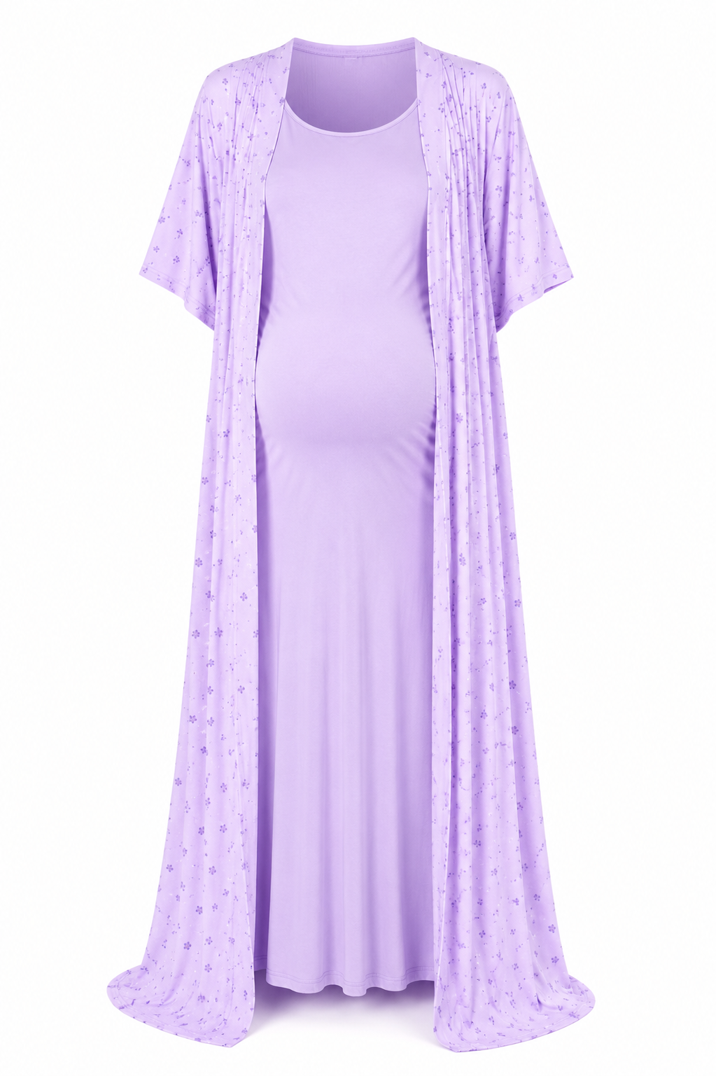 Ensemble de Nuit Pyjama de Grossesse et Allaitement 2 Pieces avec Kimono Long Maternita