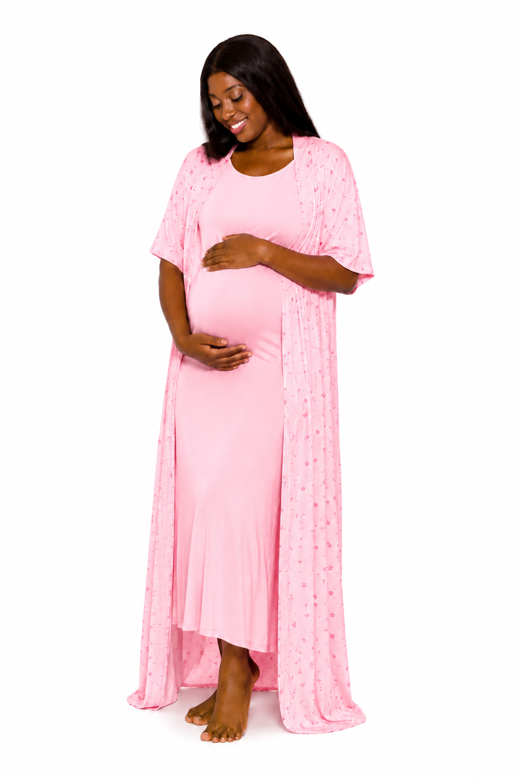 Ensemble de Nuit Pyjama de Grossesse et Allaitement 2 Pieces avec Kimono Long Maternita