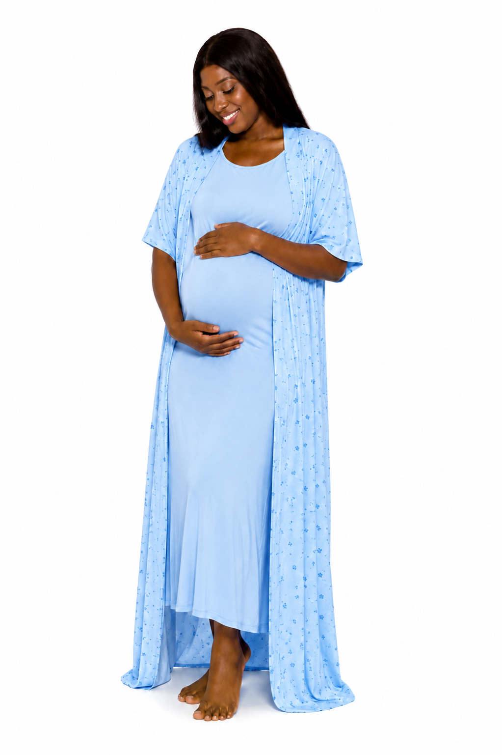 Ensemble de Nuit Pyjama de Grossesse et Allaitement 2 Pieces avec Kimono Long Maternita