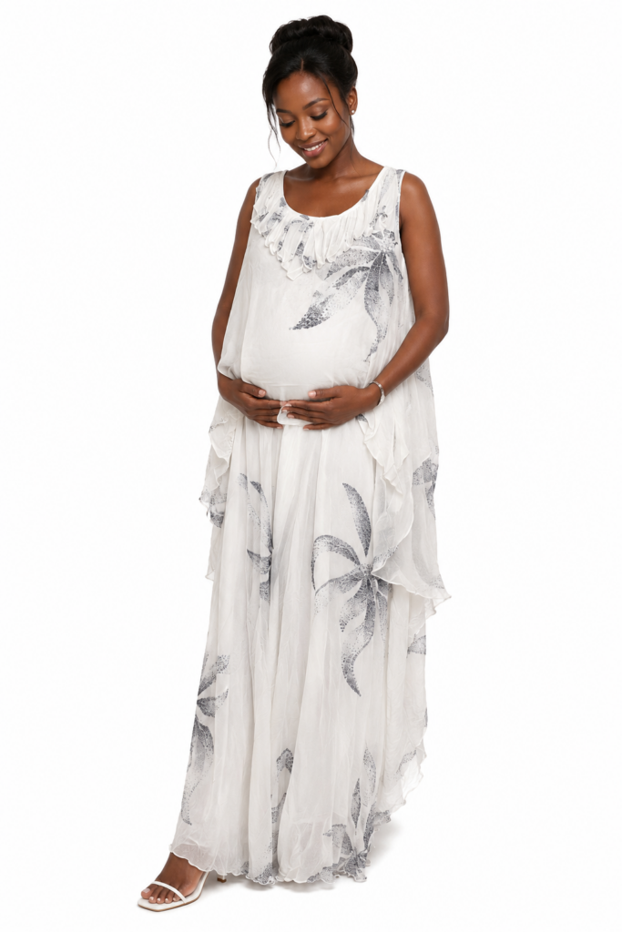 Robe de Grossesse Longue Fluide en Mousseline Imprimée Maternita