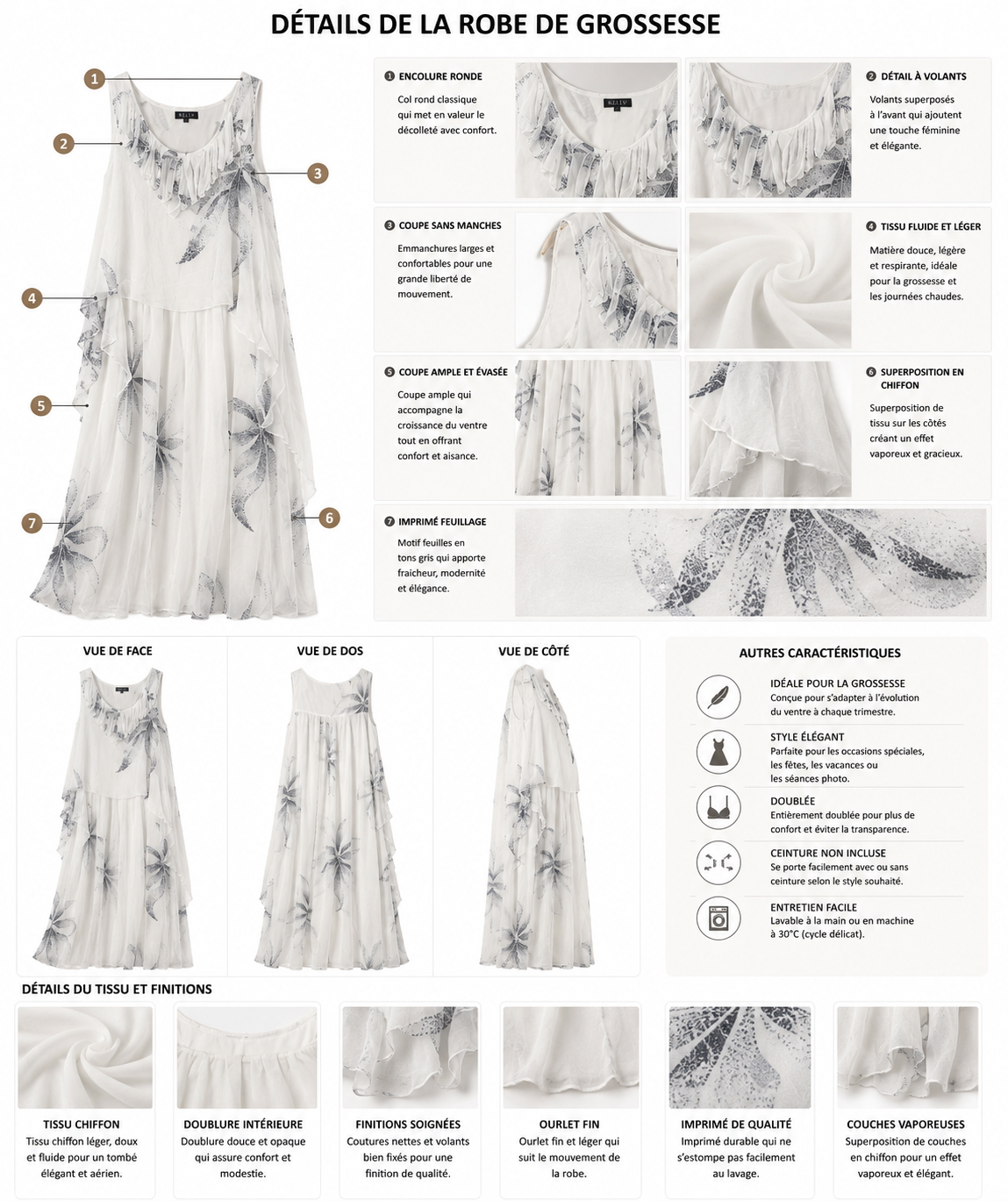 Robe de Grossesse Longue Fluide en Mousseline Imprimée Maternita