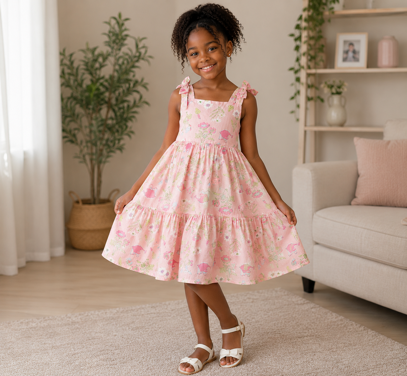 Robe Fille Fleurie Rose à Bretelles Nouées – Élégance et Confort pour les Petites Princesses - Maternita Dakar – Image 2