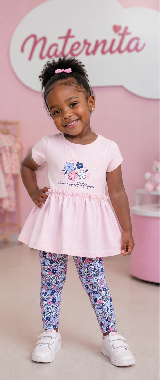 Ensemble Fille Tommy Hilfiger – Tunique Rose & Legging Fleuri Maternita Dakar – Image 3