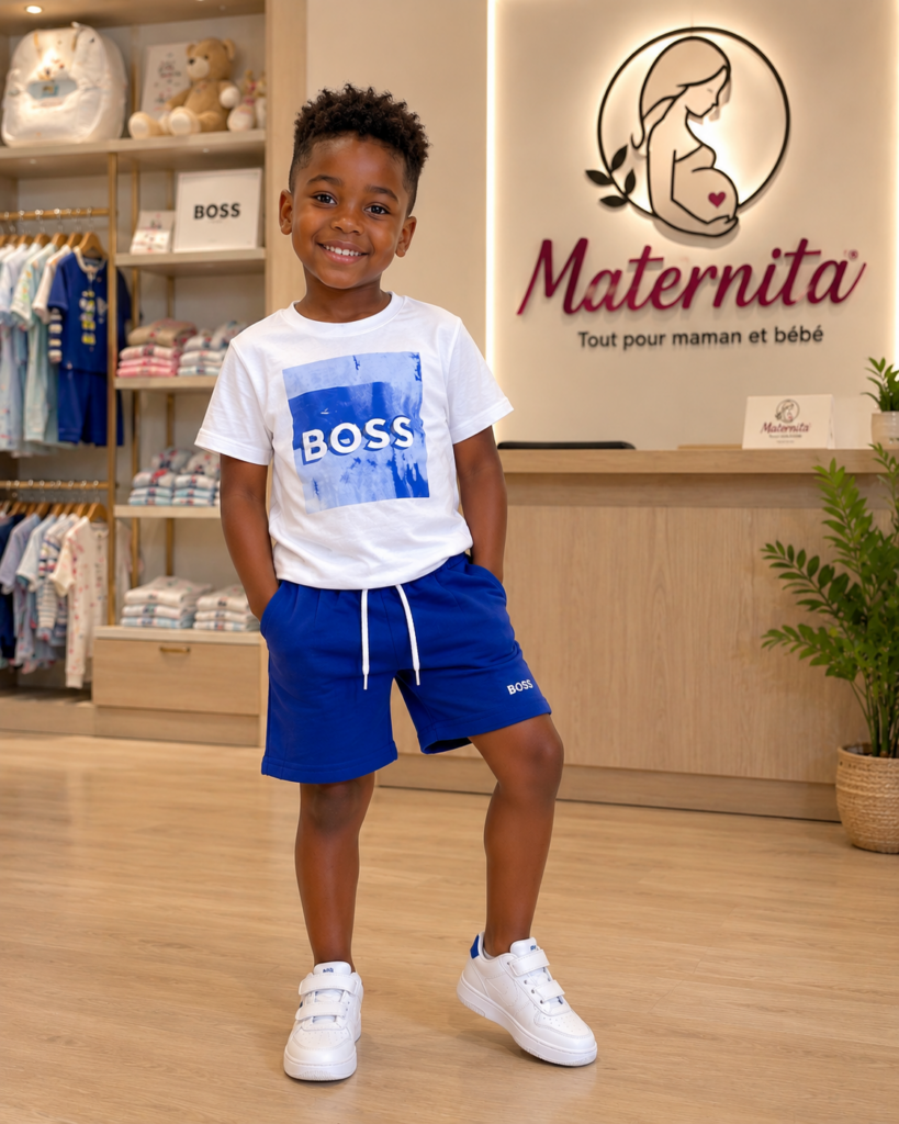 Ensemble BOSS Enfant – T-shirt Blanc & Short Bleu Maternita Dakar