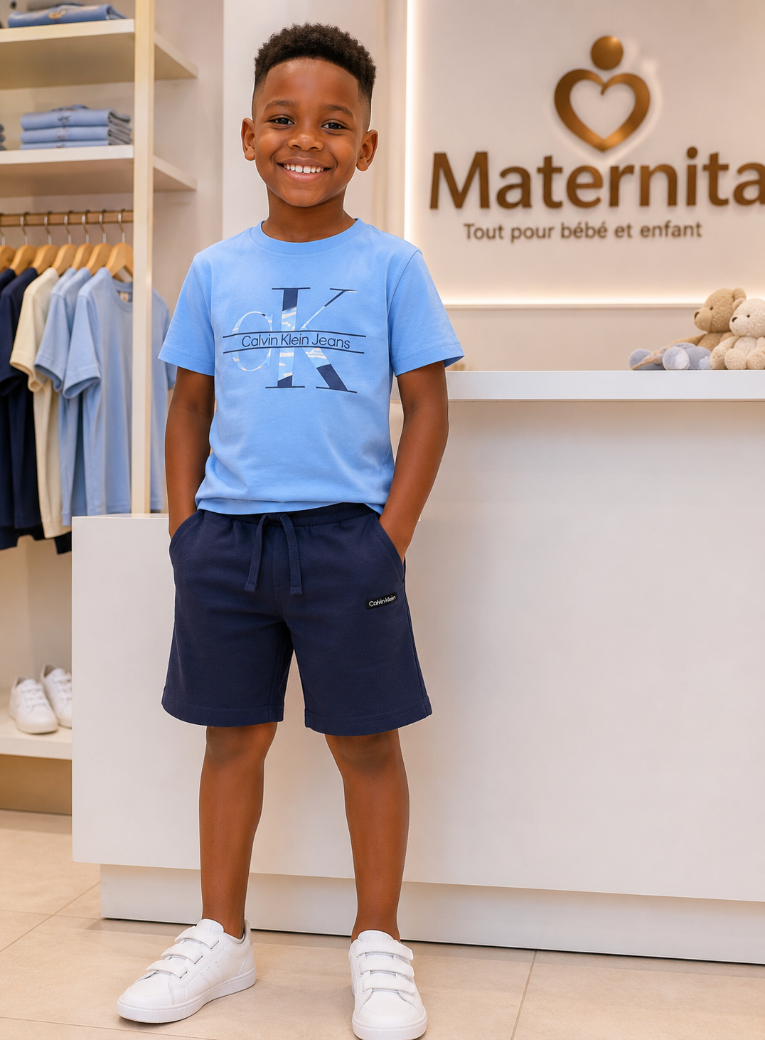 Ensemble BOSS Enfant – T-shirt Blanc & Short Bleu Maternita Dakar