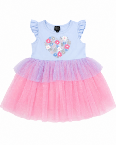 Robe Princesse Fleurie en Tulle Pailleté – Bleu & Rose | Maternita Dakar