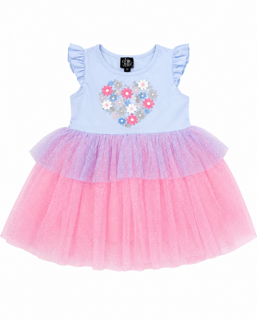 Robe Princesse Fleurie en Tulle Pailleté – Bleu & Rose | Maternita Dakar