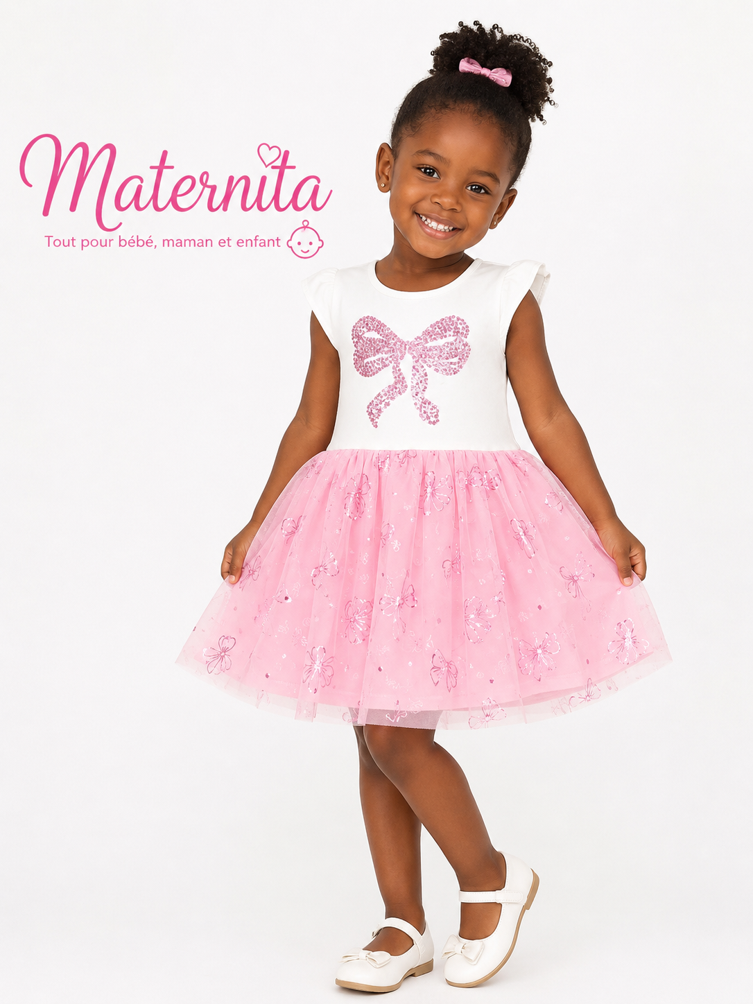 Robe de cérémonie fille rose à nœud pailleté – Tulle brodé – Vitamins Kids (2 à 10ans)Maternita Dakar – Image 2