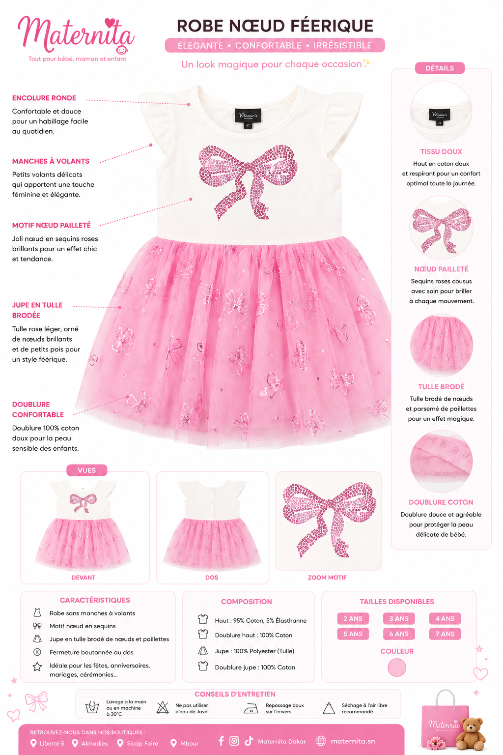 Robe de cérémonie fille rose à nœud pailleté – Tulle brodé – Vitamins Kids (2 à 10ans)Maternita Dakar – Image 3