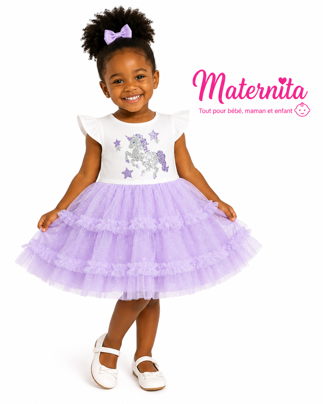 Robe Licorne Pailletée Fille en Tulle – Blanche & Lavande | 1 à 10 Ans Maternita Dakar – Image 2