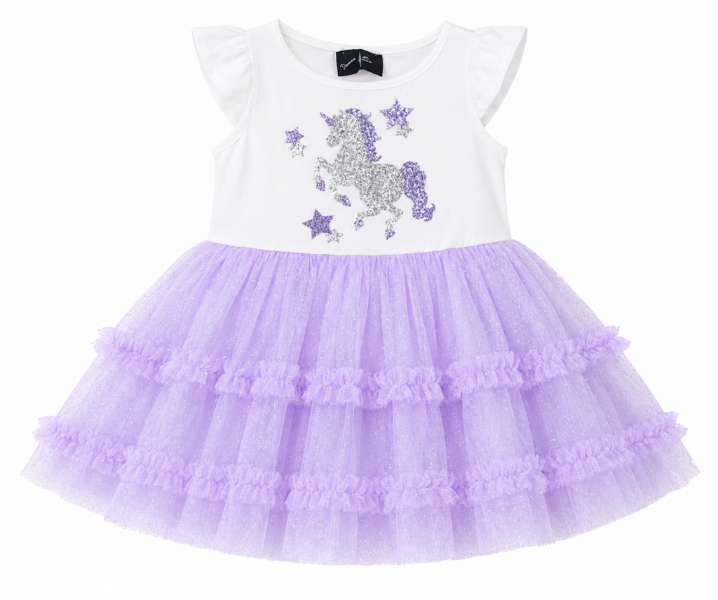 Robe Licorne Pailletée Fille en Tulle – Blanche & Lavande | Maternita Dakar
