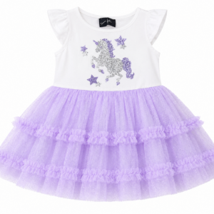 Robe Licorne Pailletée Fille en Tulle – Blanche & Lavande | 1 à 10 Ans Maternita Dakar