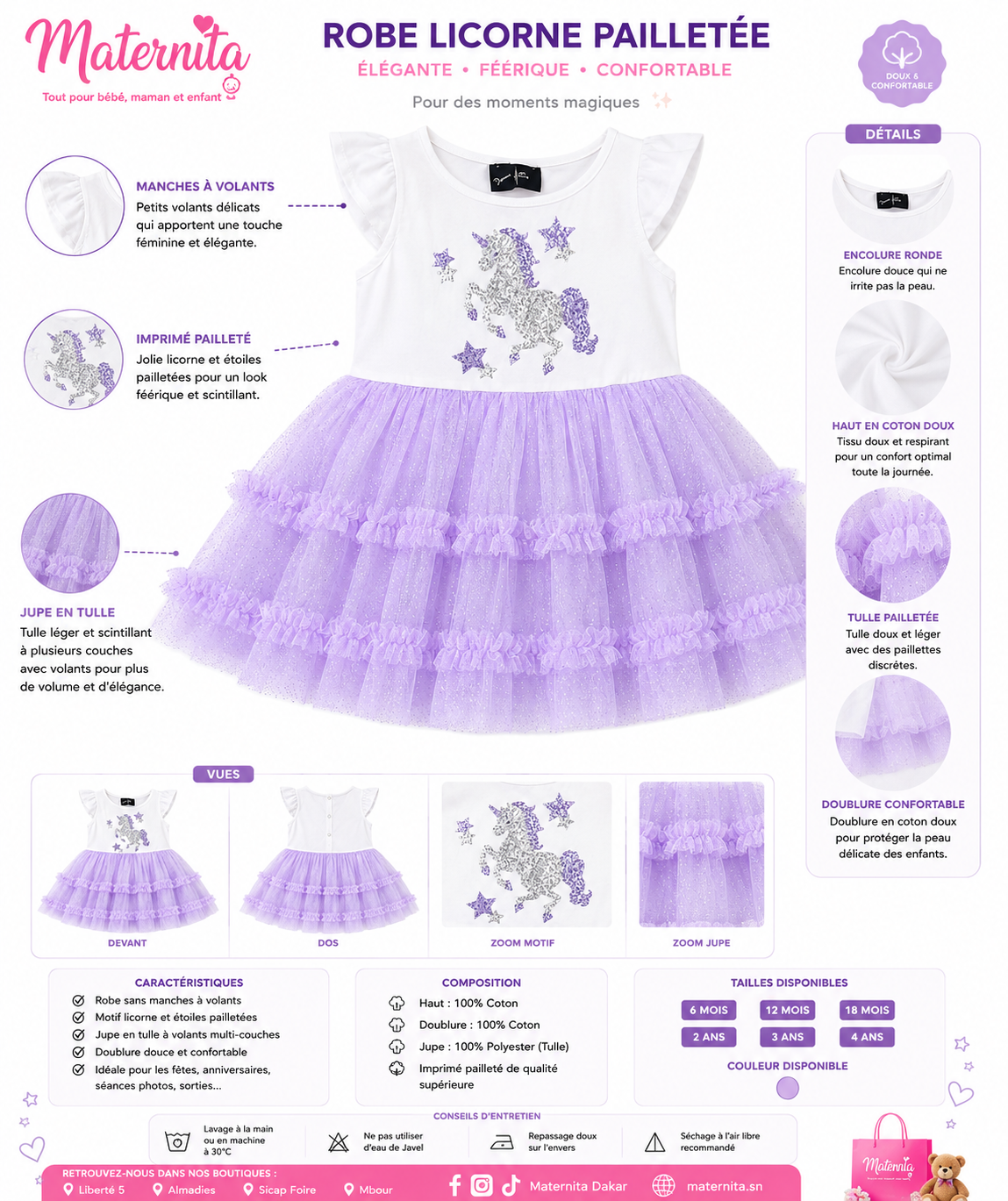 Robe Licorne Pailletée Fille en Tulle – Blanche & Lavande | 1 à 10 Ans Maternita Dakar – Image 3