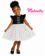 Robe élégante à pois noir & blanc pour fille – Tulle et coton doux. Maternita Dakar