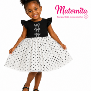 Robe élégante à pois noir & blanc pour fille – Tulle et coton doux. Maternita Dakar