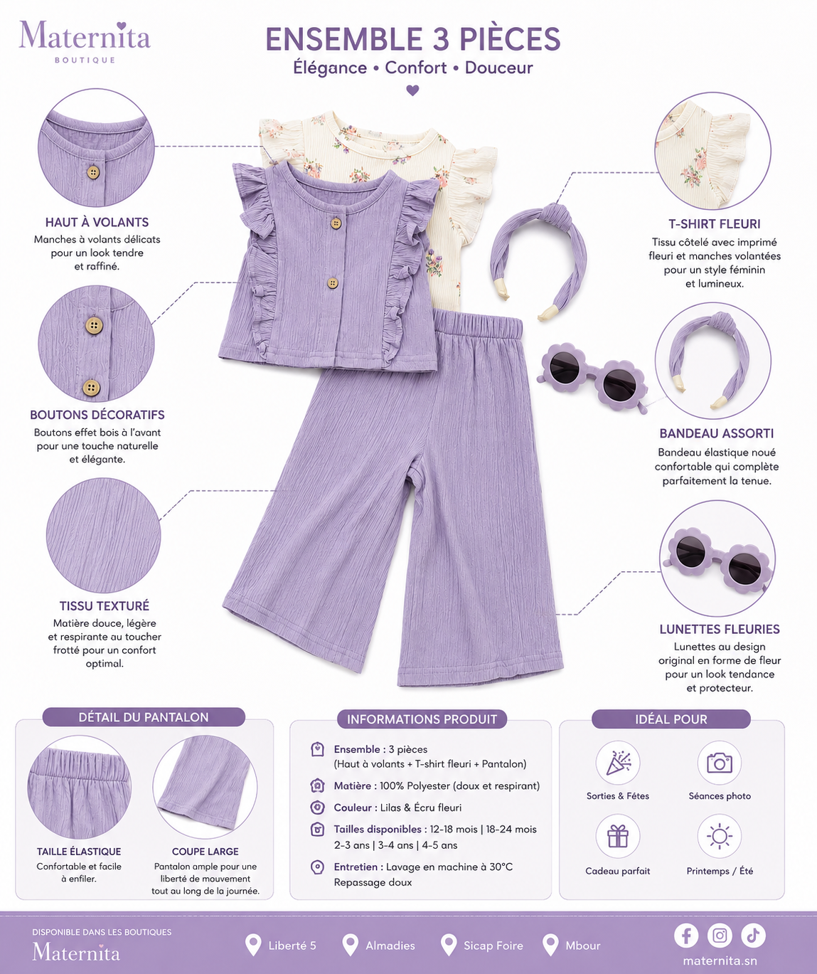 Ensemble Fille 5 Pièces Lilas avec Bandeau et Lunettes – Élégance & Confort Mater – Image 3