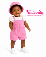 Ensemble 3 Pièces Bébé Fille – Salopette Short, Body à Pois et Chapeau Assorti Maternita Dakar