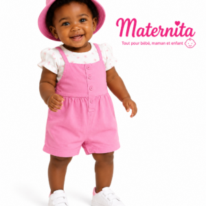 Ensemble 3 Pièces Bébé Fille – Salopette Short, Body à Pois et Chapeau Assorti Maternita Dakar