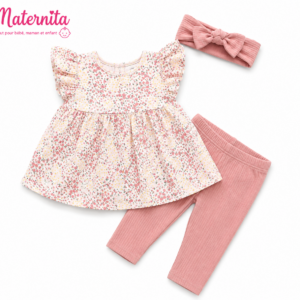 Ensemble 3 Pièces Bébé Fille – Robe Fleurie, Legging Côtelé et Bandeau Assorti Maternita Dakar
