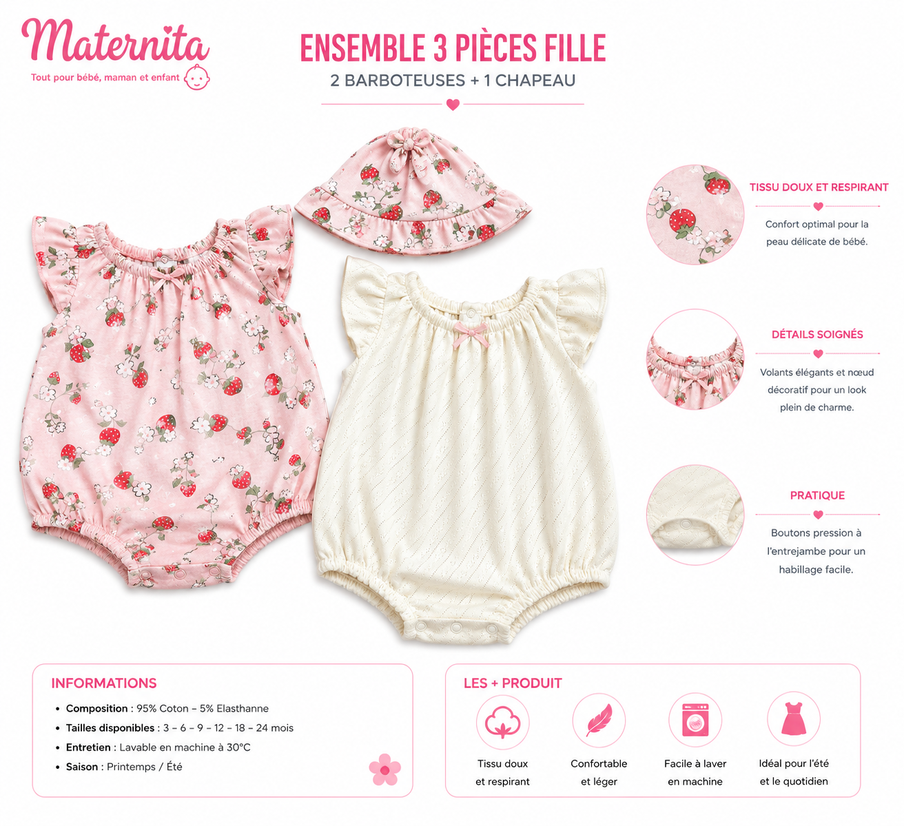 Ensemble 3 Pièces Bébé Fille – 2 Barboteuses + 1 Chapeau Fleuri Rose Maternita Dakar – Image 3