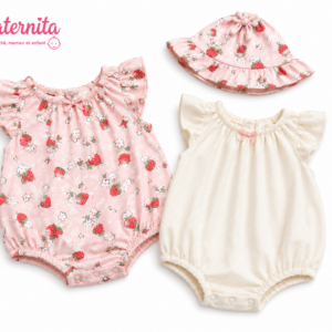 Ensemble 3 Pièces Bébé Fille – 2 Barboteuses + 1 Chapeau Fleuri Rose Maternita Dakar