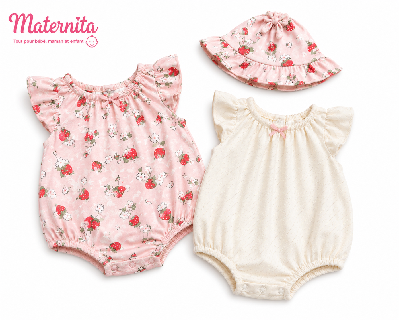 Ensemble 3 Pièces Bébé Fille – 2 Barboteuses + 1 Chapeau Fleuri Rose Maternita Dakar