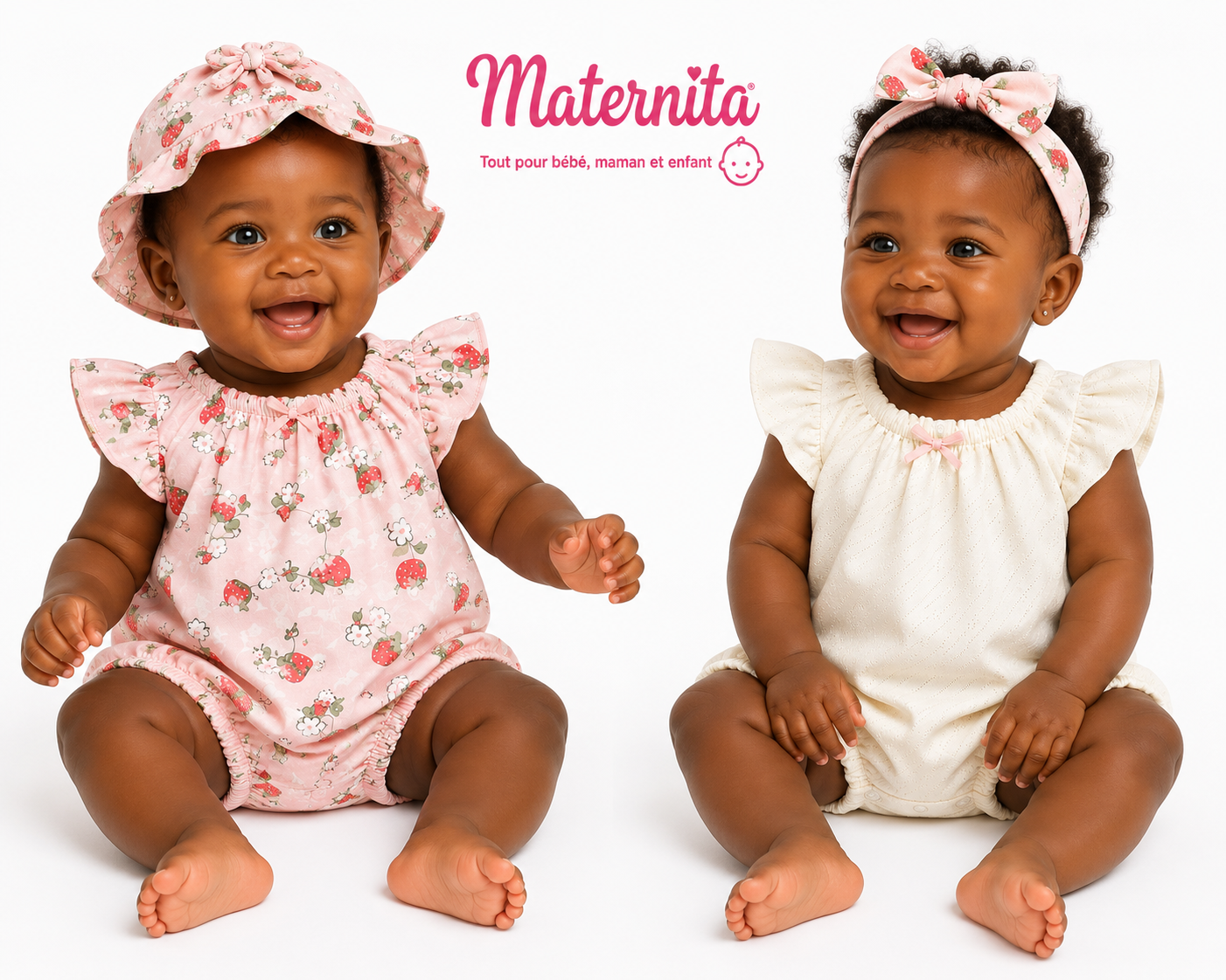 Ensemble 3 Pièces Bébé Fille – 2 Barboteuses + 1 Chapeau Fleuri Rose Maternita Dakar – Image 2