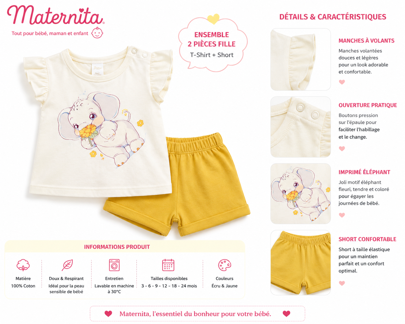 Ensemble Bébé Fille 2 Pièces en Coton – T-Shirt à Volants & Short | Bambinerie Maternita Dakar – Image 7