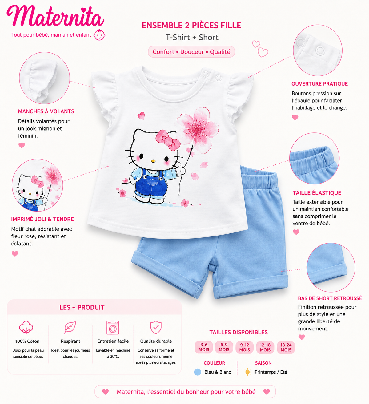 Ensemble Bébé Fille 2 Pièces en Coton – T-Shirt à Volants & Short | Bambinerie Maternita Dakar – Image 8