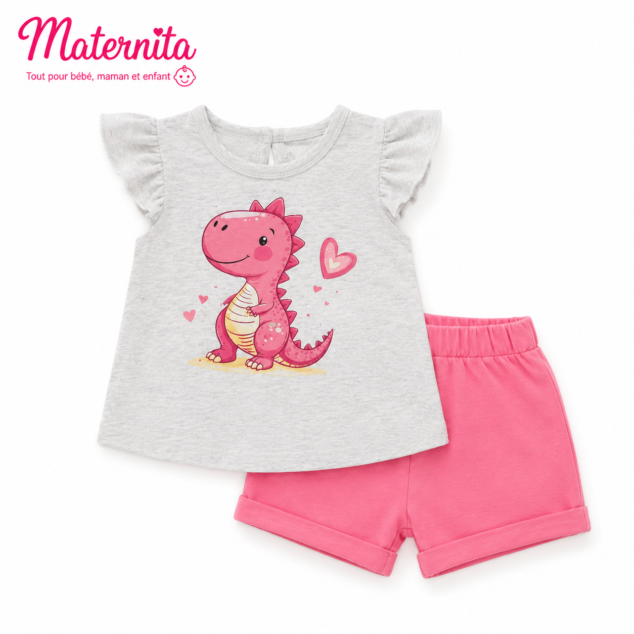 Ensemble Bébé Fille 2 Pièces en Coton – T-Shirt à Volants & Short | Bambinerie Maternita Dakar – Image 2