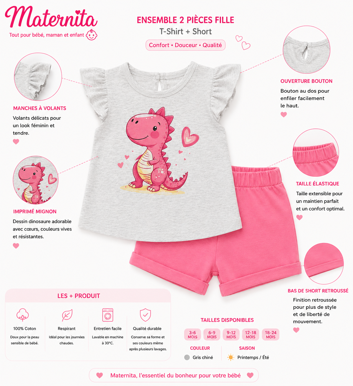 Ensemble Bébé Fille 2 Pièces en Coton – T-Shirt à Volants & Short | Bambinerie Maternita Dakar – Image 3