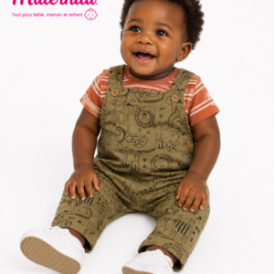 Ensemble 3 Pièces Bébé Garçon – T-shirt Rayé, Salopette Imprimée Animaux et Chaussettes Assorties 100% Coton Maternita Dakar