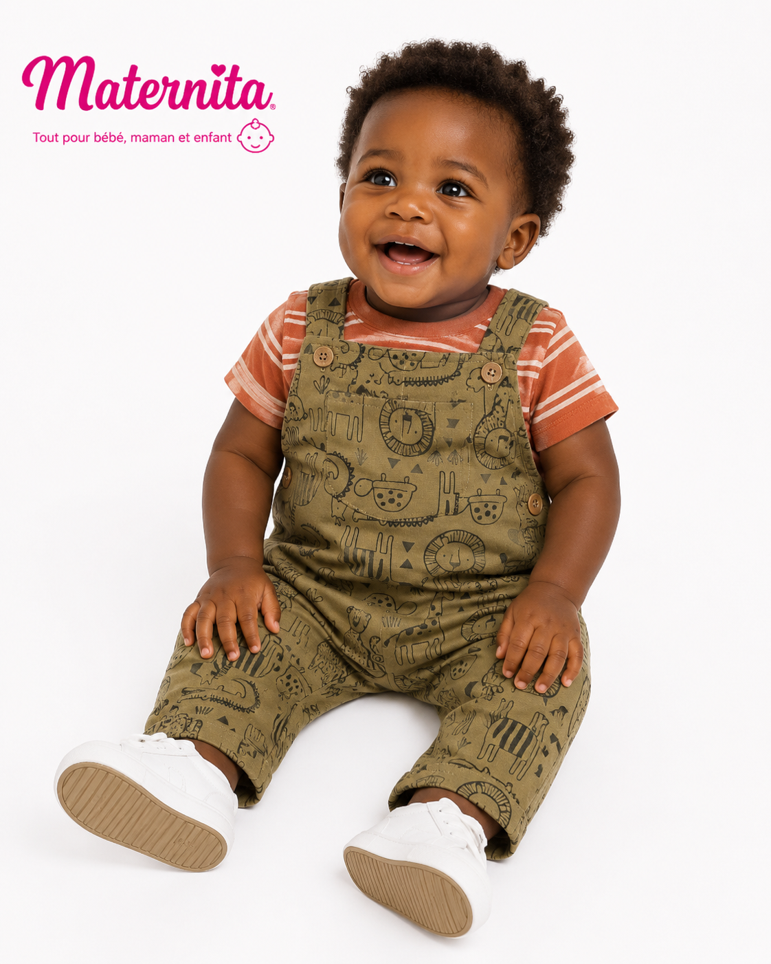 Ensemble 3 Pièces Bébé Garçon – T-shirt Rayé, Salopette Imprimée Animaux et Chaussettes Assorties 100% Coton Maternita Dakar