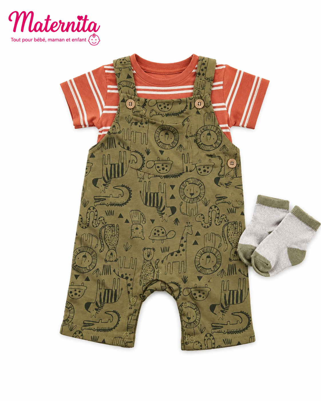 Ensemble 3 Pièces Bébé Garçon – T-shirt Rayé, Salopette Imprimée Animaux et Chaussettes Assorties 100% Coton Maternita Dakar – Image 2