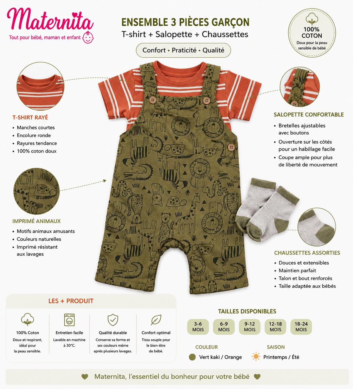 Ensemble 3 Pièces Bébé Garçon – T-shirt Rayé, Salopette Imprimée Animaux et Chaussettes Assorties 100% Coton Maternita Dakar – Image 3