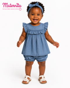 Ensemble Bébé Fille 3 Pièces Denim Bleu – Robe, Culotte Bouffante et Bandeau ou chapeau. Maternita Dakar