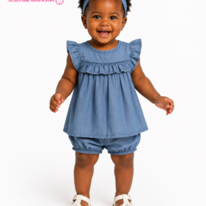 Ensemble Bébé Fille 3 Pièces Denim Bleu – Robe, Culotte Bouffante et Bandeau ou chapeau. Maternita Dakar