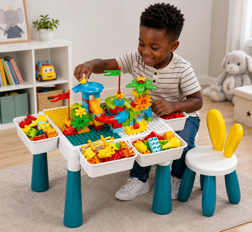 Table d'activités avec blocs de construction et parcours de billes – Jouet éducatif multifonction pour enfants. Maternita Dakar