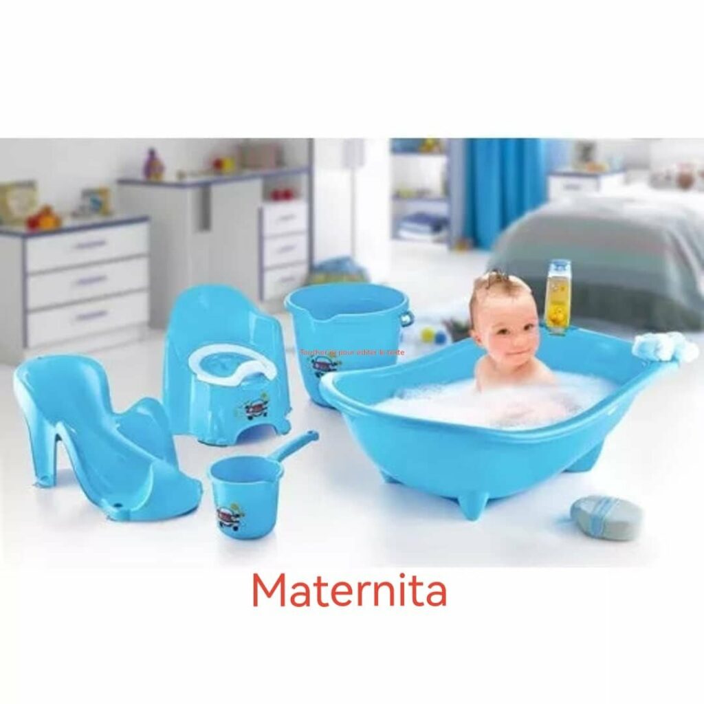 Ensemble de bain bébé 5 pièces – Baignoire, siège de bain, pot, seau et gobelet | Bambinerie Maternita Dakar